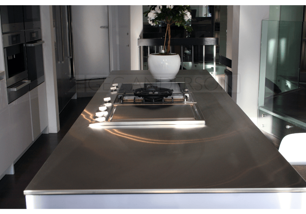 Stainless steel island worktop with 20mm edges and cutout for hob