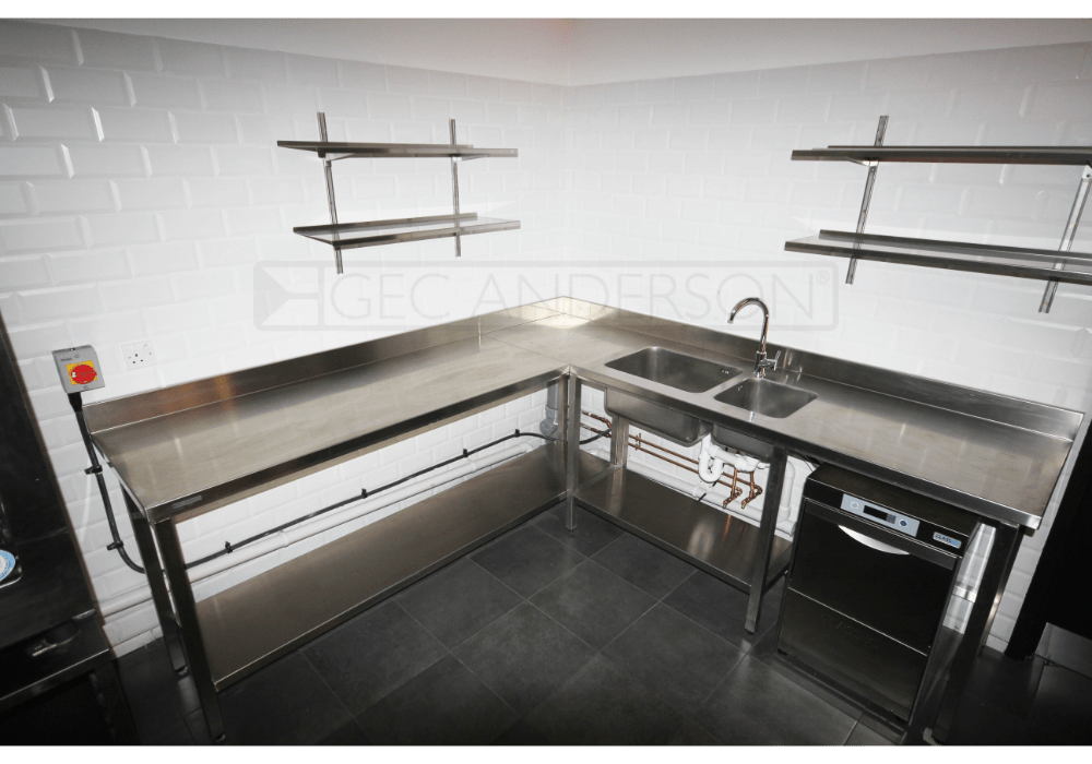 V90 stainless steel shelving above worktop and legs