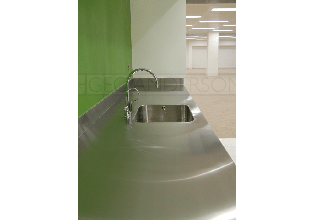 Stainless steel tea point worktop with integrated sink and upstands