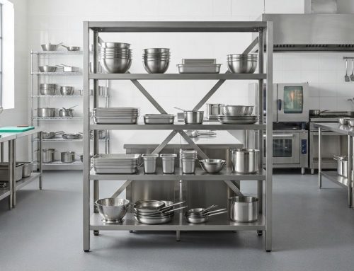 Box section stainless steel shelving for commercial kitchens